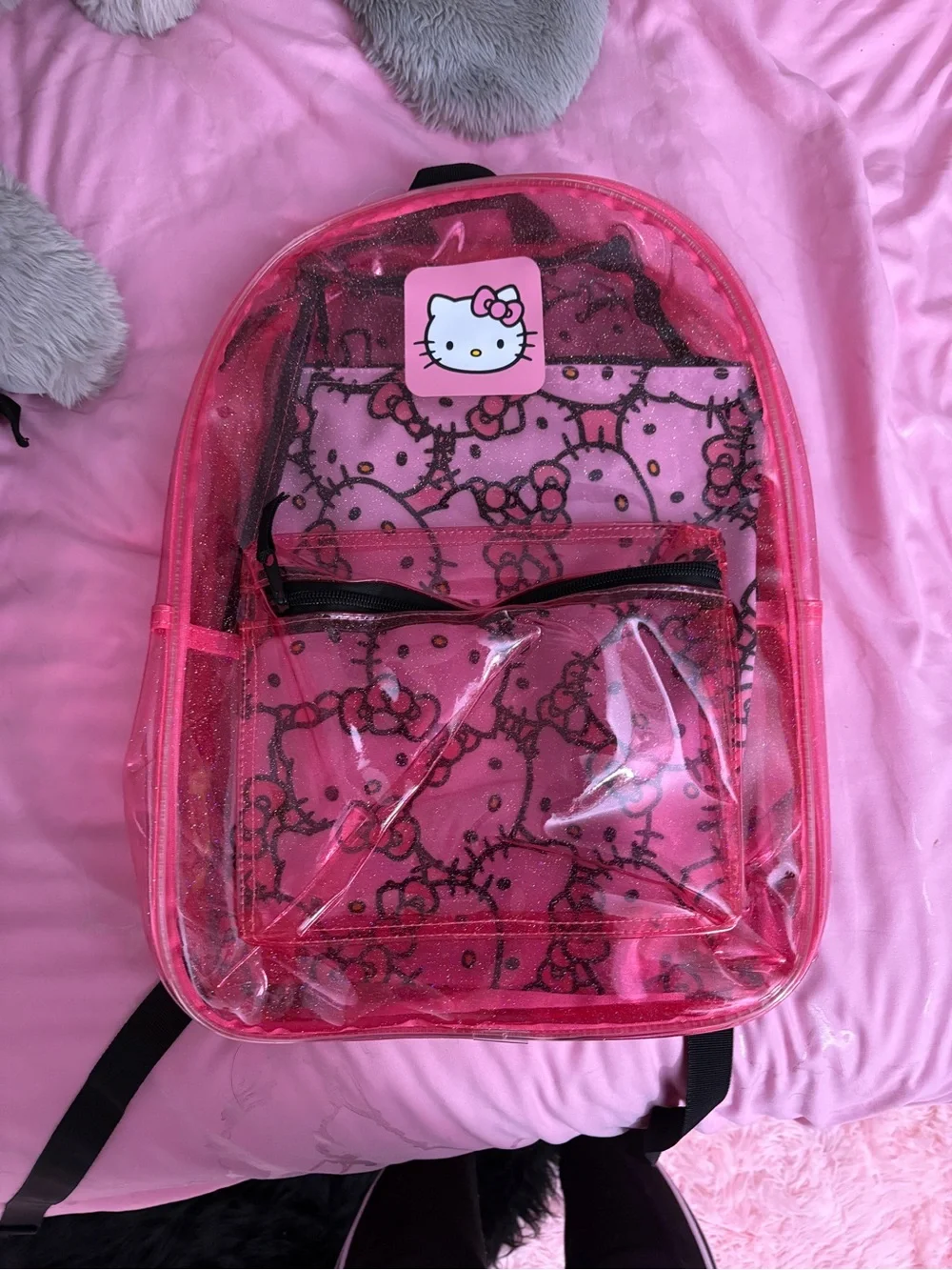 Hello Kitty Hot Pink Glitter Clear Backpack with Hello Kitty Pouch
